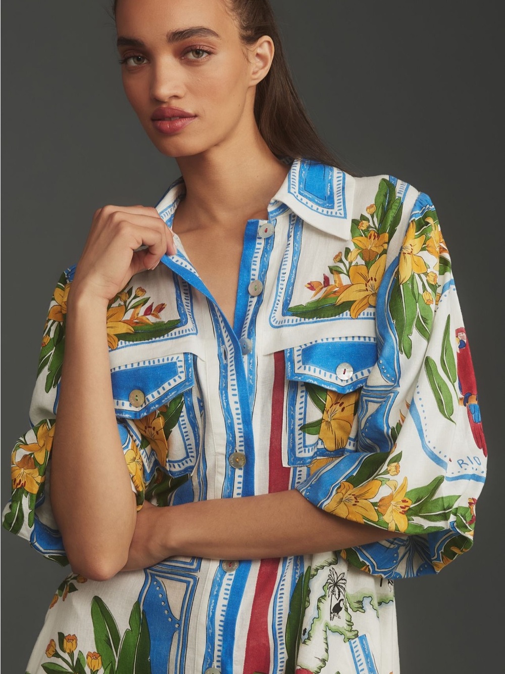 Farm Rio Tropical Destination Linen Shirt Dress - Picture 3 of 6